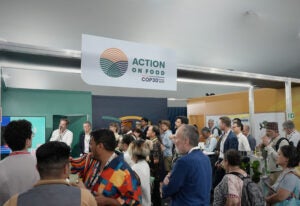 Delegates gather in the Action on Food Hub at COP30 in Brazil.