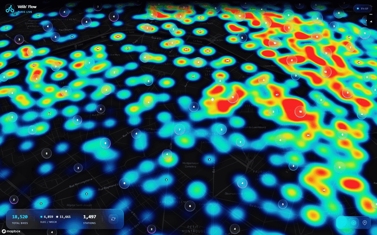 [OC] Real-time visualization of 19,000 Velib bike locations in Paris (github repo linked)