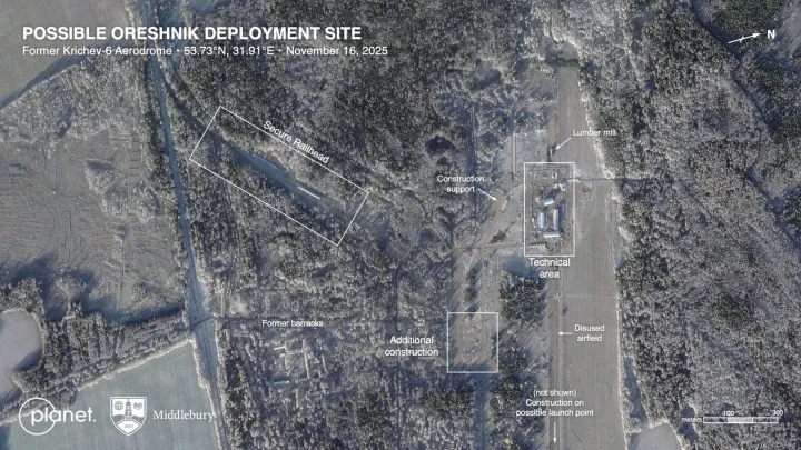 Satellite imagery from Planet Labs dated November 16 shows ongoing construction activity at the former Krichev-6 airfield in eastern Belarus, identified by Middlebury Institute analysts as a likely deployment site for Russia’s Oreshnik missile system. (Source: Planet Labs)