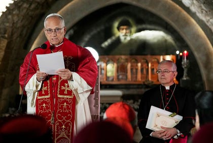 Pope Leo XIV delivers his speech in front of the tomb of Saint Charbel Makhlouf at the Monastery of Saint Maroun, in Annaya, Lebanon on Monday.