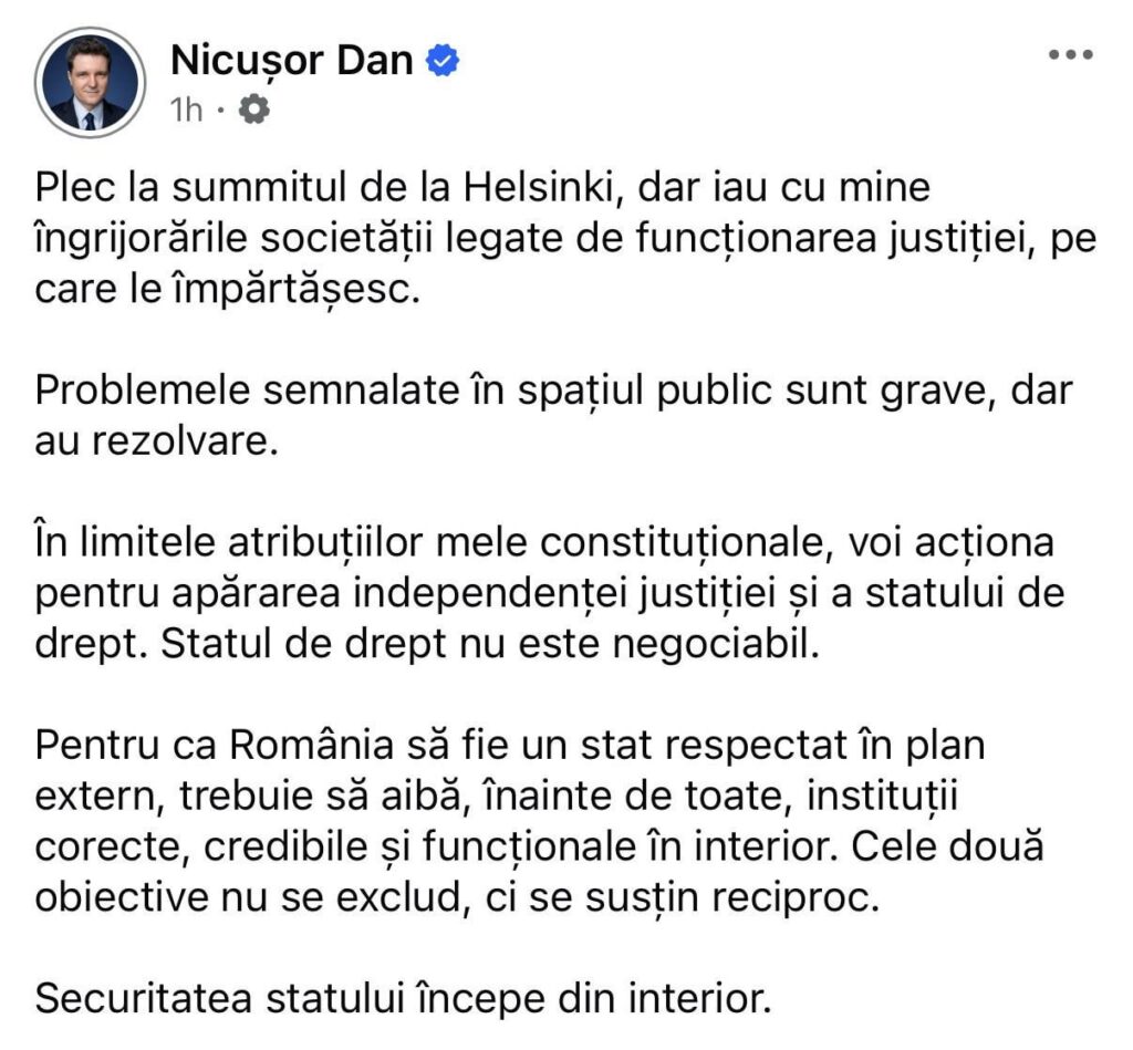 Nicusor Dan's message regarding justice issues before leaving for Helsinki