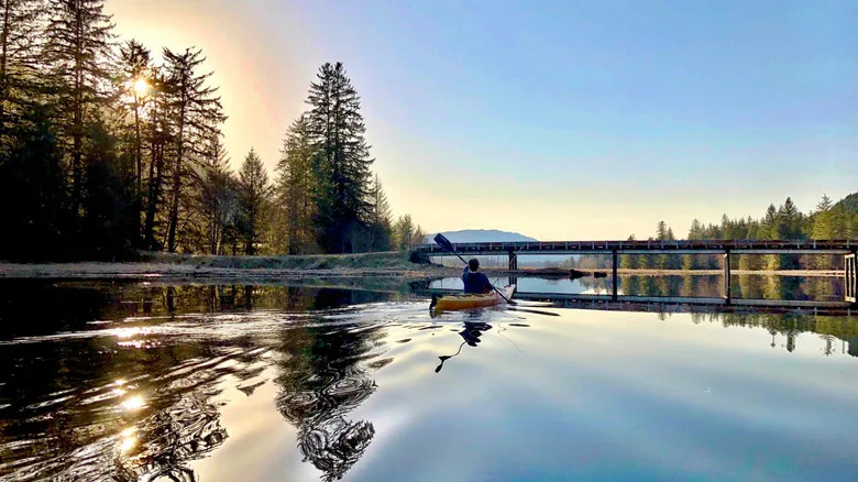 Kayaker paddling beneath bridge at sunset