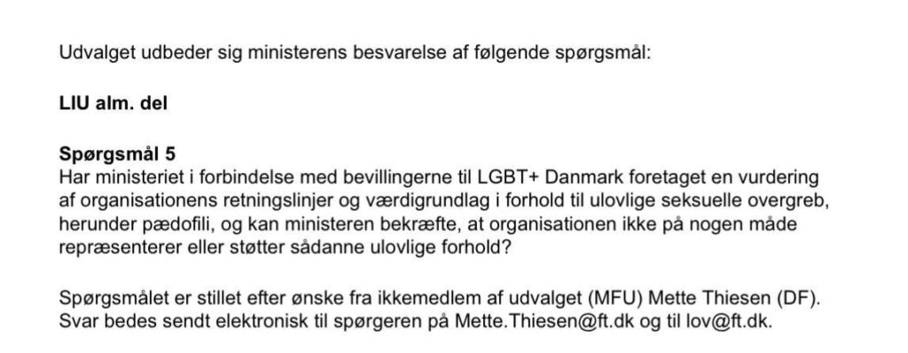 Mette Thisen (DF) makes a connection between the association LGBT+ and pedophilia.