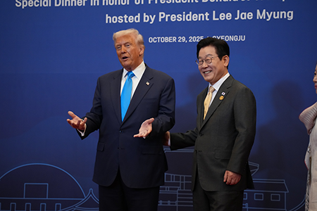 U.S. Supports South Korean Enrichment, Reprocessing In a move that is raising proliferation concerns, President Donald Trump (L), meeting South Korean President Lee Jae-Myung in Seoul in October, said he would give the U.S. ally the ability to produce fissile material for nuclear weapons. (Photo by Andrew Harnik/Getty Images)