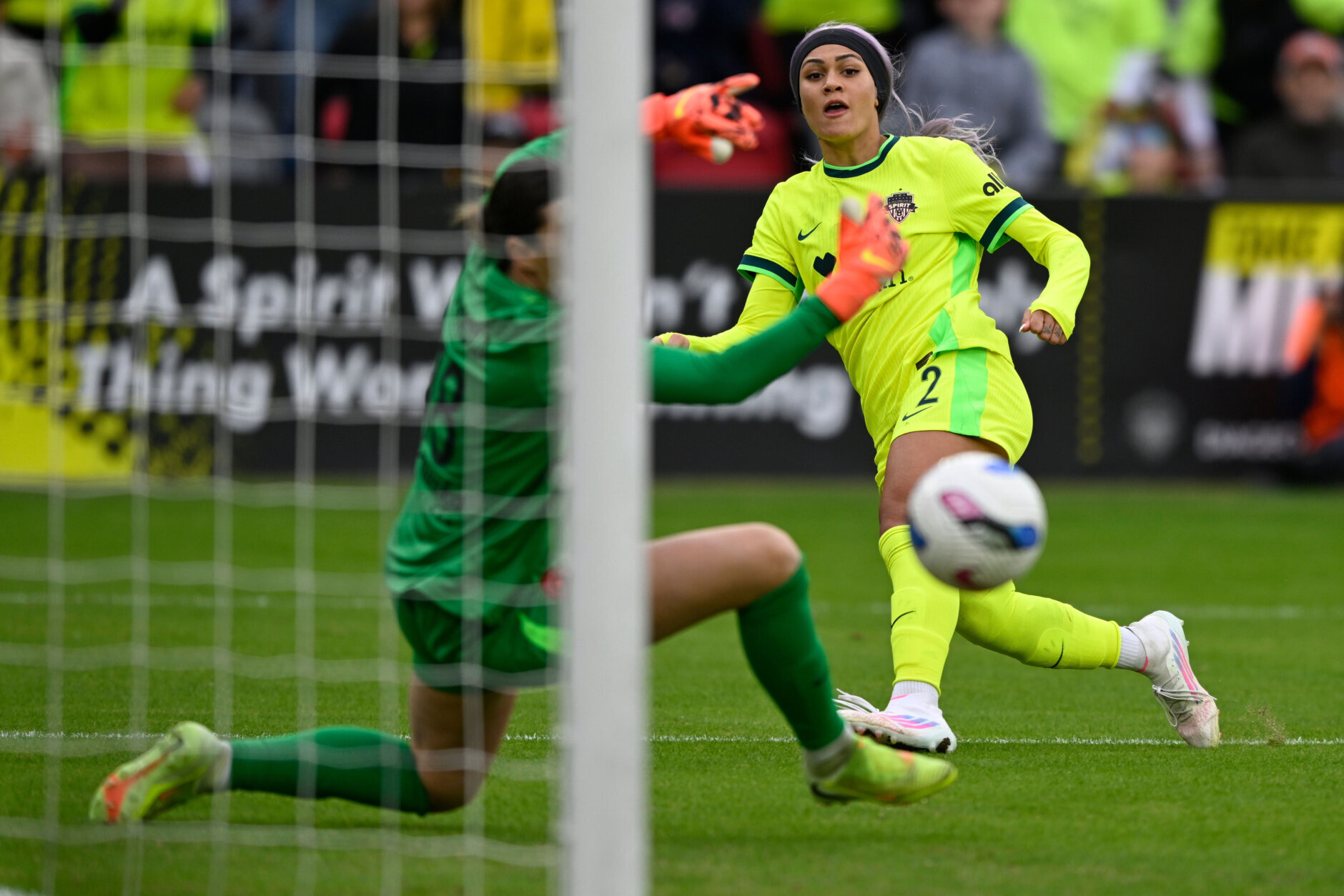Washington Spirit forward Trinity Rodman misses a shot at goal