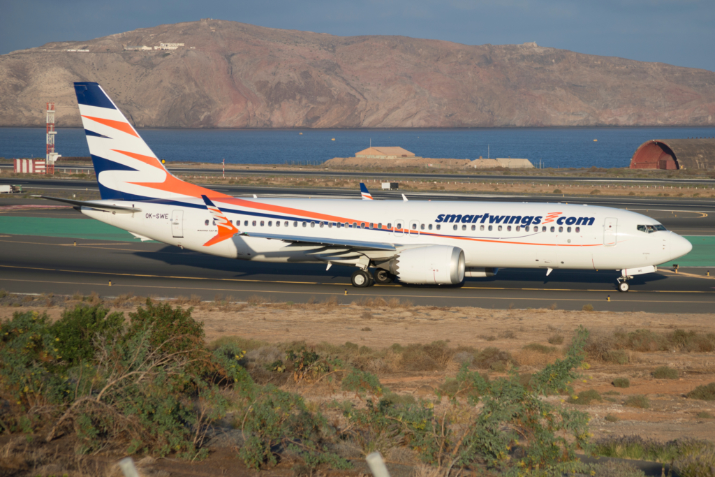 Smartwings Boeing 737 MAX aircraft taxiing to the runway.