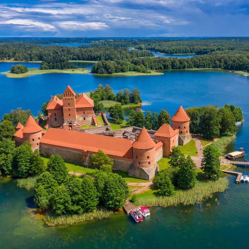 Aerial View Of Trakai Castle, An Island Castle In Lithuania, On The Baltic Coast Of North Eastern Europe