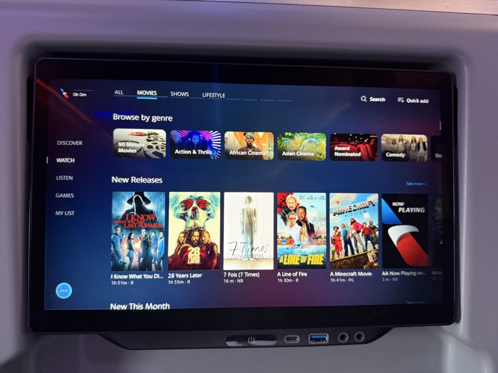 Various content options on the American Airlines IFE screen. 