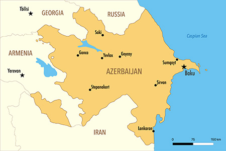Map of Azerbaijan showing Baku on the Caspian Sea and Sumgayit northwest along the coast.