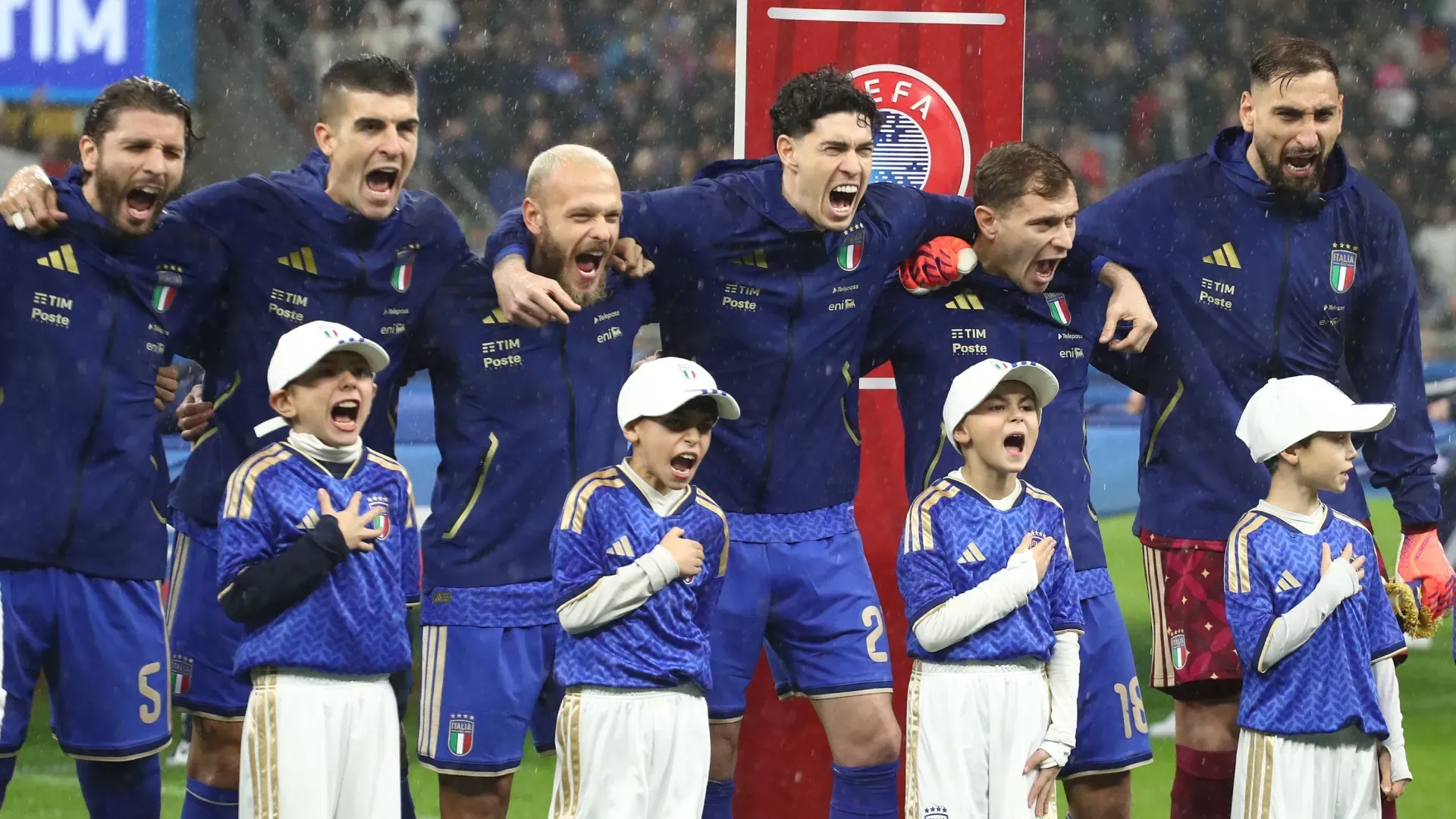 Players of Italy sing the national anthem prior to the FIFA World Cup 2026 qualifier match. Marco Luzzani/Getty Images