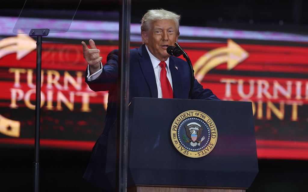 President Donald Trump speaks at the Charlie Kirk memorial on Sept. 21, 2025, at State Farm Stadium in Glendale, Ariz. (Photo by Sydney Lovan/Cronkite News)