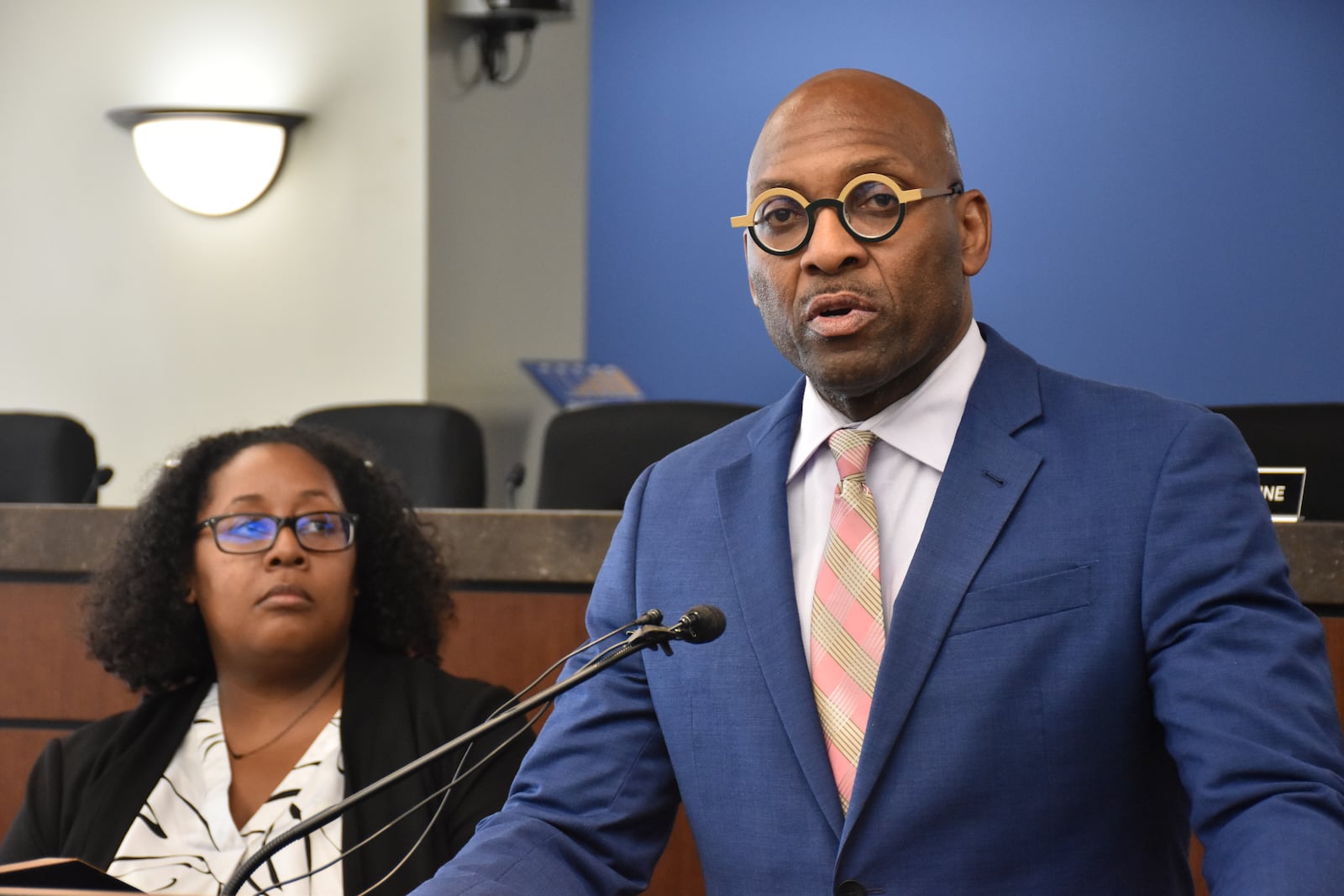 On Aug. 29, 2025 Dayton Public Schools Superintendent David Lawrence and Board of Education President Chrisondra Goodwine discuss the school district's plan to purchase Greater Dayton RTA buses after a court ruled in the district's favor. CORNELIUS FROLIK / STAFF