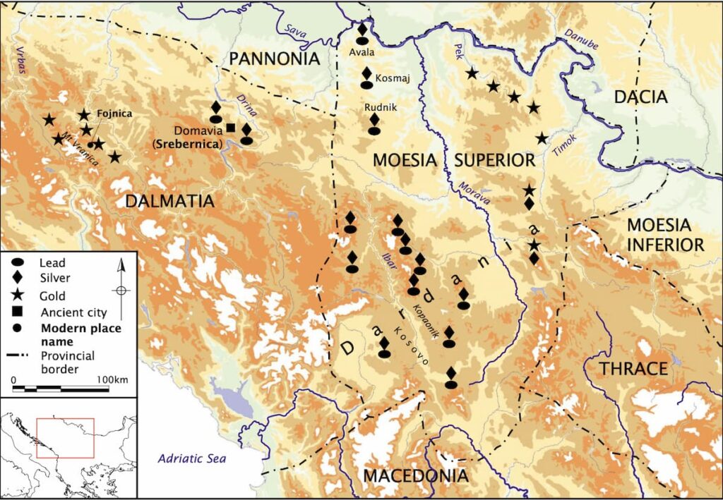 Dalmatia and Upper Moesia, where gold and silver formed the backbone of Rome’s Balkan mining economy. Credit: Dragana Mladenović, 2025