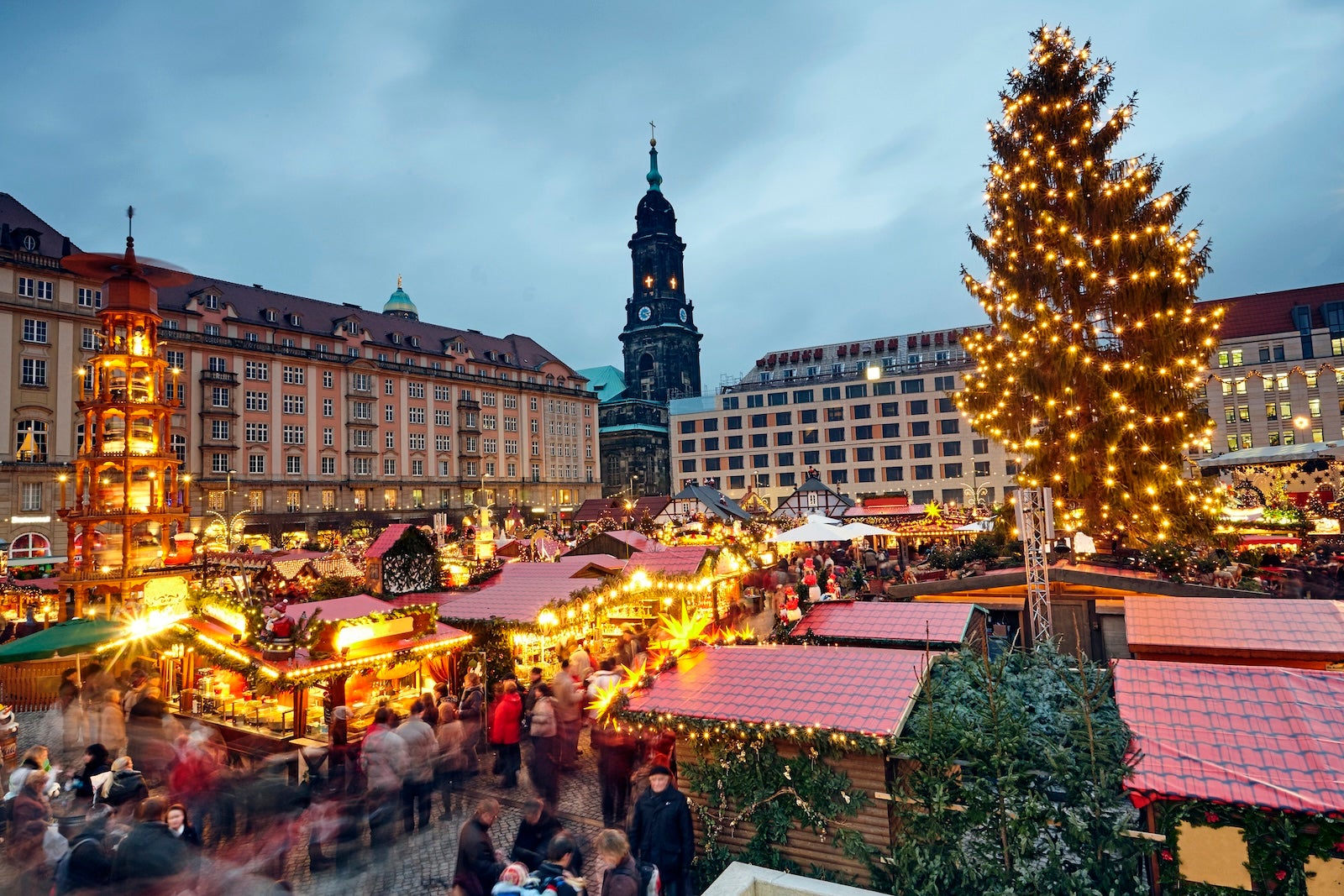 Dresden Christmas market, called Striezelmarkt it is the oldest Christmas market in Germany illuminated at dusk