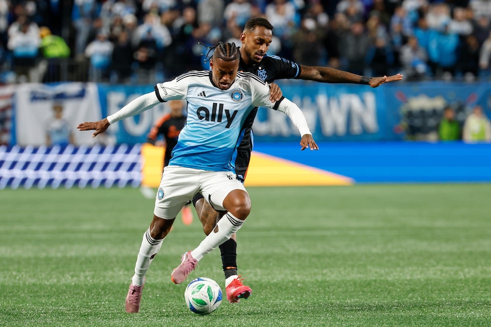 Charlotte FC forward Kerwin Vargas, left, battles New York City FC defender Raul Gustavo...