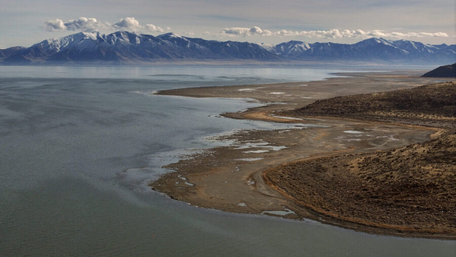 The Great Salt Lake is pictured by the north end of Stansbury Island in Tooele County on Thursday, ...