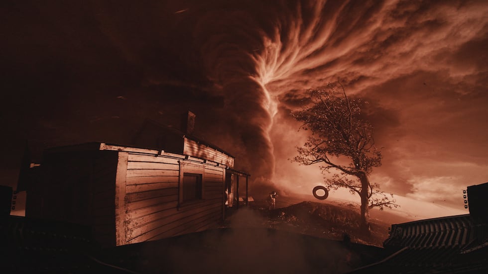 A massive tornado swirls across the panoramic screen during the tornado sequence in Sphere’s...