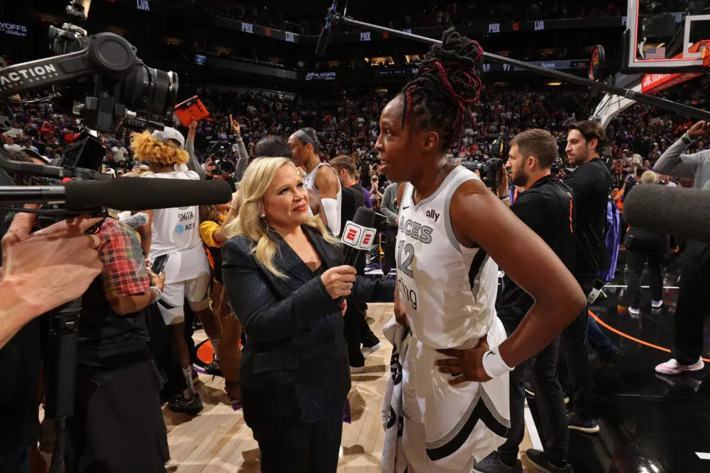 Las Vegas Aces guard Chelsea Gray speaks to ESPN's Holly Rowe after winning the 2025 WNBA Championship.