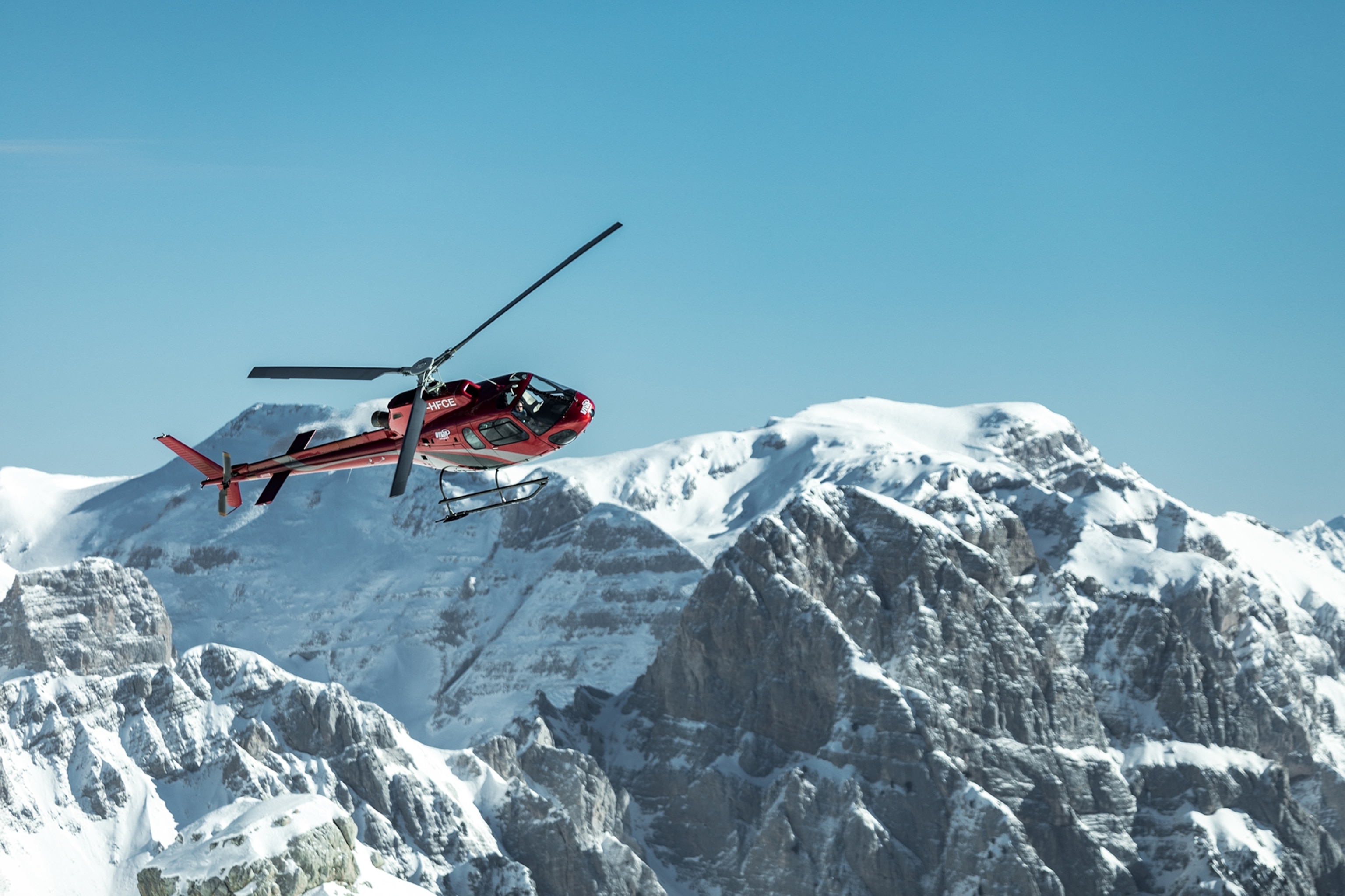 A helicopter flying.