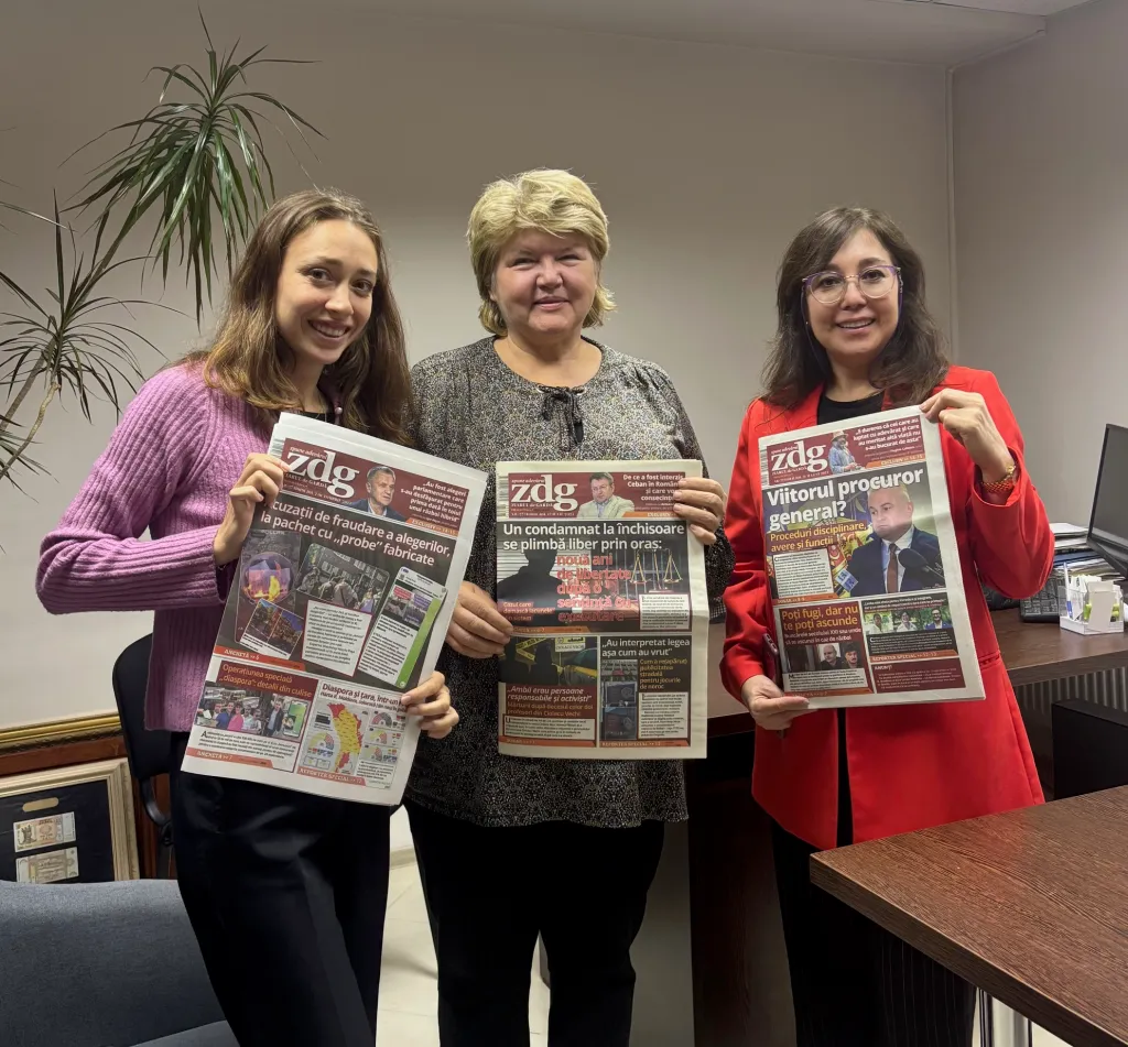 From right to left: Gulnoza Said, CPJ’s Europe and Central Asia program coordinator; Alina Radu, Ziarul de Gardă director; Anna Brakha, CPJ's Europe and Central Asia senior researcher. Ziarul de Gardă’s current burning topic has been the country’s recent parliamentary elections.