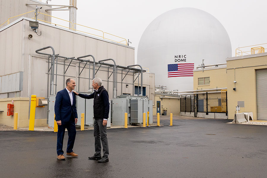 U.S. Department of Energy Secretary Chris Wright talking with Idaho National Labooratory John Wagner outside of the Demonstration of Microreactor Experiments Monday morning.
