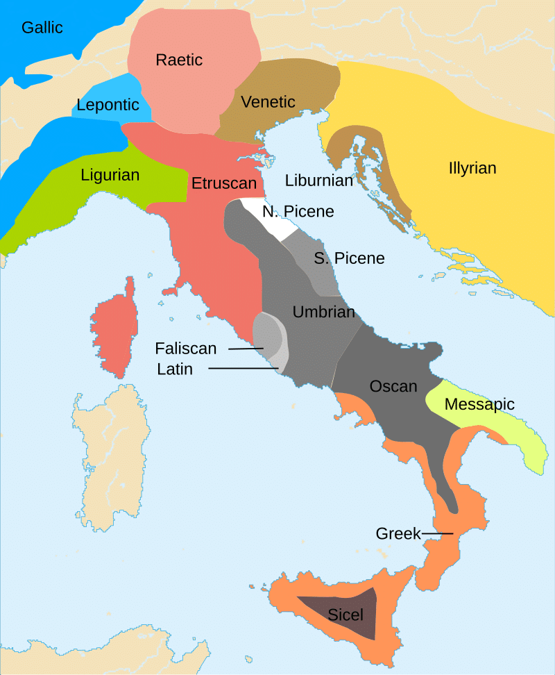 Approximate distribution of languages in Iron Age Italy during the sixth century BC, before the Roman expansion and conquest of Italy