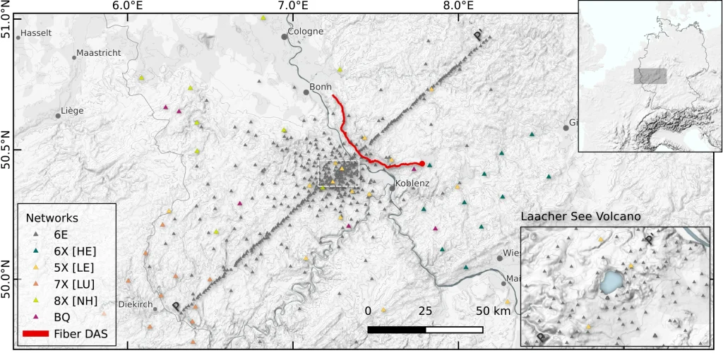 Location of the approximately 500 seismic stations that were installed in the Eifel region between September 2022 and August 2023 as part of the “Large-N Experiment” in order to obtain the highest possible resolution image of the magmatic subsurface. In red: the fibre optic cable that was used for supplementary measurements.