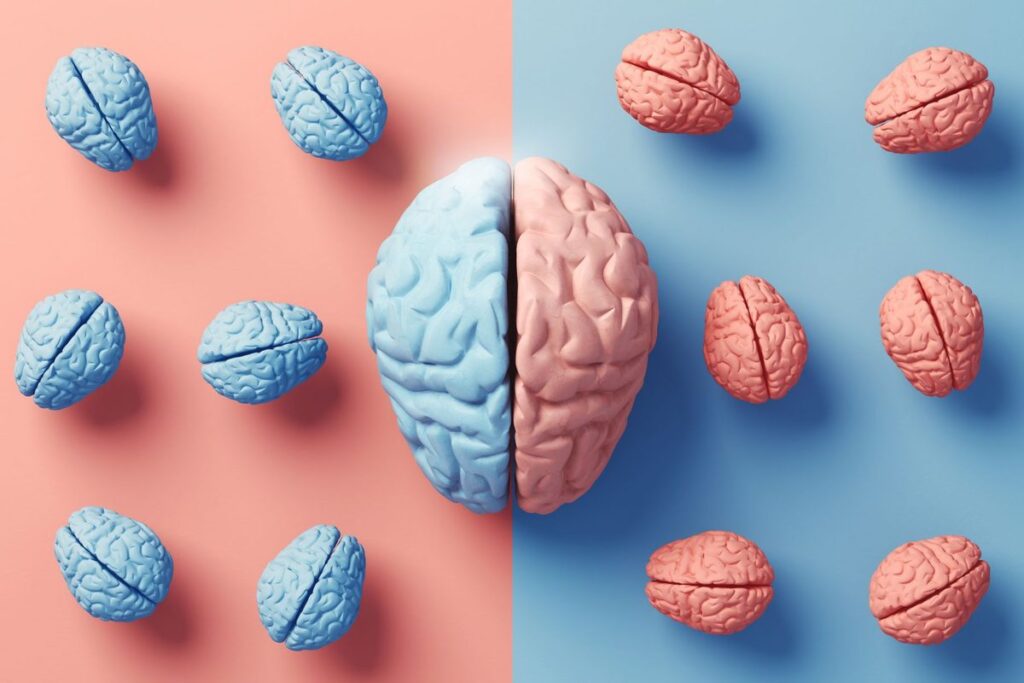 Men’s brains may age faster than women’s, suggests major new study A brain is split into blue and pink, with many smaller brains in the blue or pink zones
