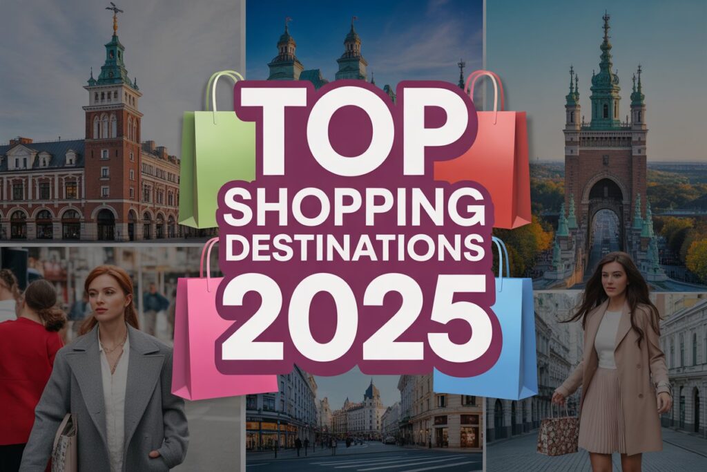 Poland Joins Canada, Spain, Malta, Australia in Becoming More Affordable Shopping Destination, New Data Shows More Than You Know A collage of shopping destinations featuring iconic landmarks from poland, spain, and canada, with clothing and fashion items layered over the background. Include the text 'top shopping destinations 2025' with vibrant colors and shopping bags. "