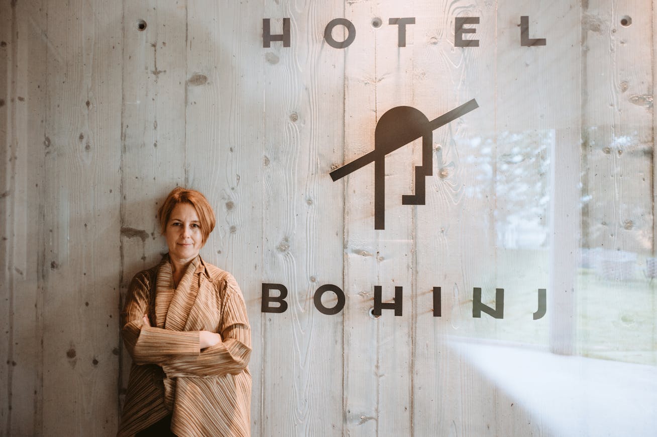 Architect Špela Videčnik standing outside Hotel Bohinj, Slovenia