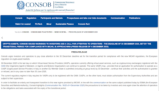 The notice from the Italian watchdog 