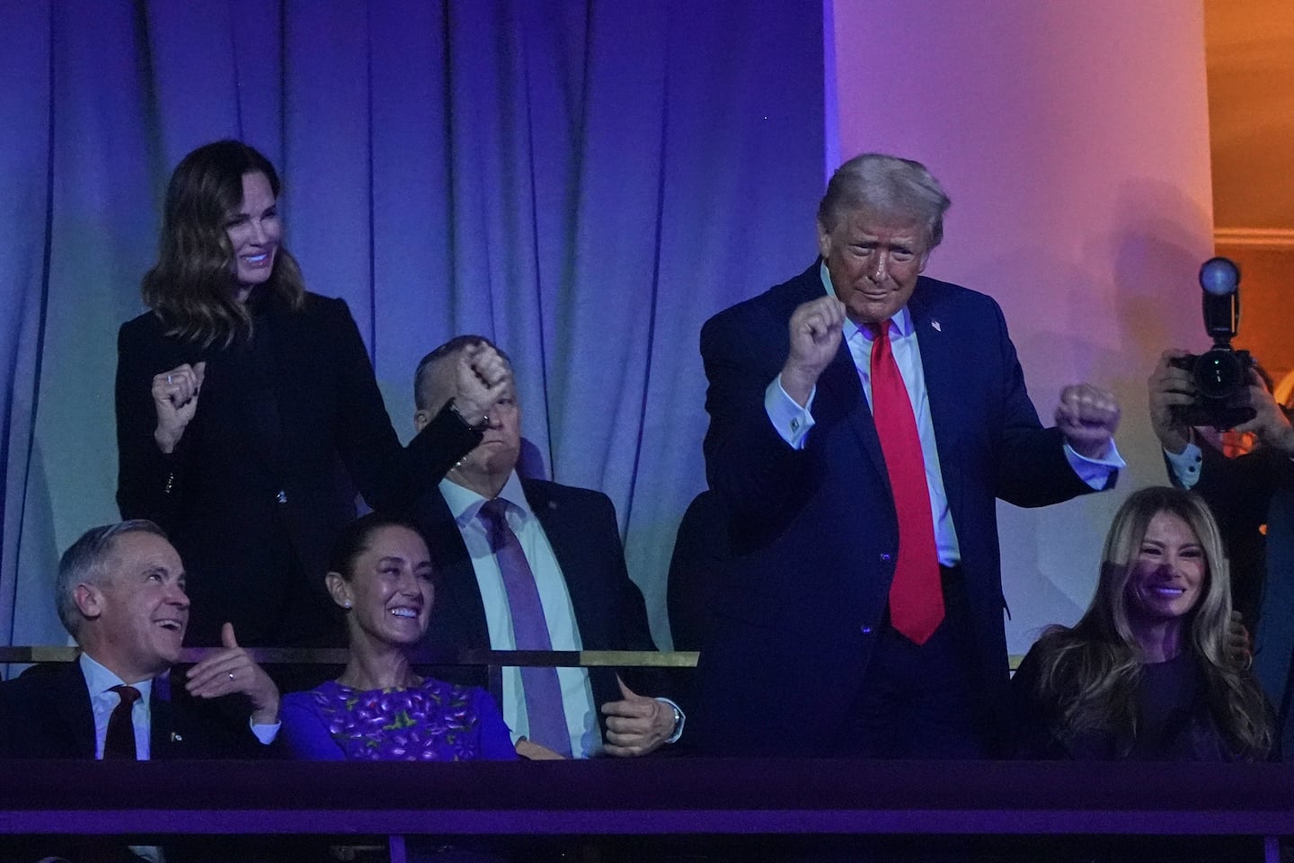 President Trump danced to The Village People as Canadian prime minister Mark Carney, Mexican president Claudia Sheinbaum, and First Lady Melania took in the draw at the Kennedy Center in Washington.