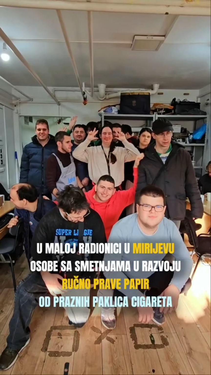 In a small workshop in Mirijevo, people with developmental shifts make paper by hand from empty cigarette packs.