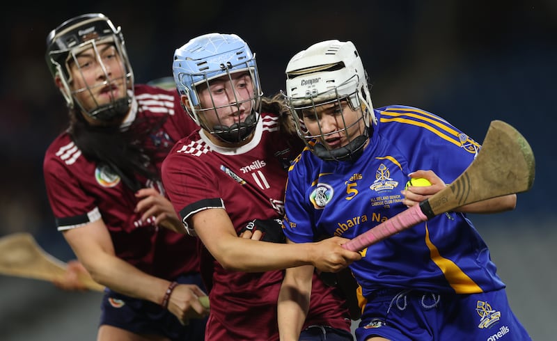 Athenry’s Meg Twomey and Kerri O’Driscoll with Aisling Egan of St Finbarr's. Photograph: James Crombie/Inpho