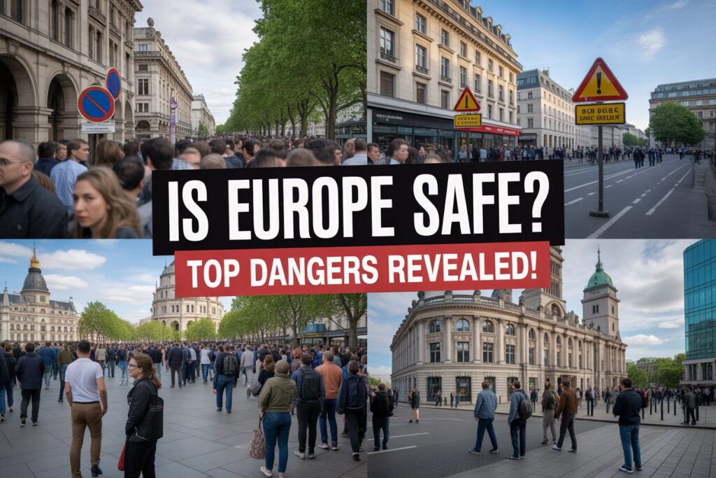 A collage of crowded tourist areas in london, paris, and berlin, with warning signs about theft and crime. Overlay text reads &lsquo;is europe safe? Top dangers revealed! &rsquo; with eye-catching colors and alert icons. "