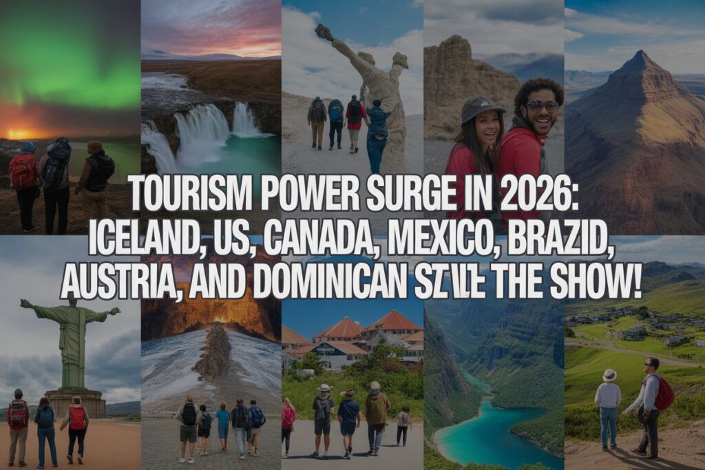 A composite image featuring a collage of iceland, dominican republic, mexico, us, brazil, austria, and canada. The image should show a diverse group of tourists enjoying iconic landmarks, nature scenes, and cultural experiences from each country. Overlay text: "tourism power surge in 2026: iceland, us, canada, mexico, brazil, austria, and dominican republic steal the show! "
