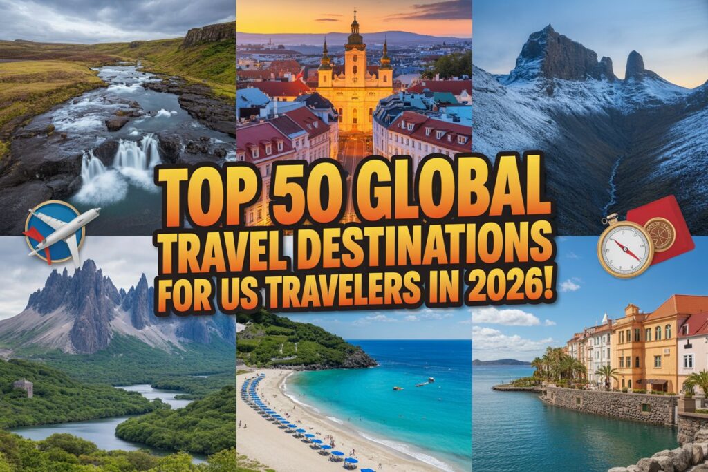 "a dynamic youtube thumbnail collage featuring iceland, czech republic, argentina, austria, philippines, and malta. Include realistic, scenic images such as icelandic waterfalls, the historic architecture of prague, patagonia&rsquo;s dramatic landscapes, the alps in austria, a tropical beach in the philippines, and the mediterranean charm of malta. Overlay the text 'top 50 global travel destinations for us travelers in 2026! ' in bold, eye-catching font, with vibrant colors and travel-themed icons to grab attention and intrigue viewers. "