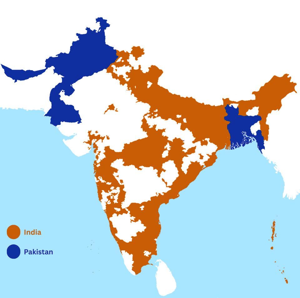 Map of Newly Independent India and Pakistan on 15th August 1947.