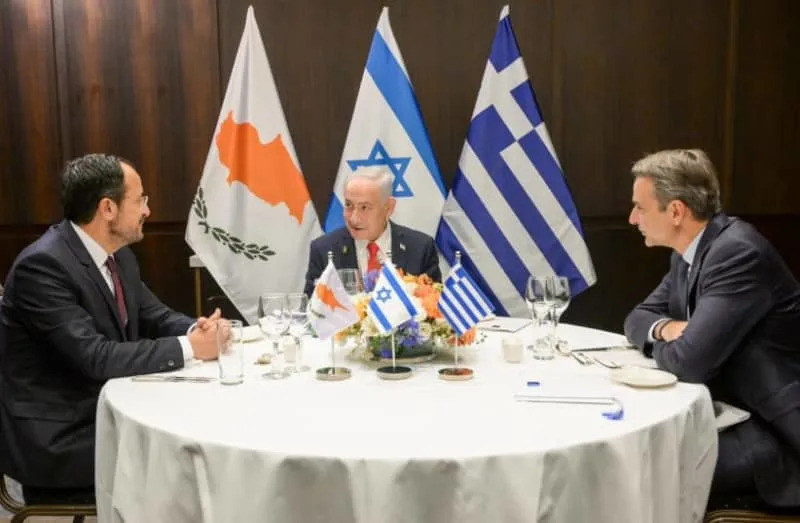 Prime Minister Benjamin Netanyahu meets with Greek Prime Minister Kyriakos Mitsotakis and Cypriot President Nikos Christodoulides, December 22, 2025. (credit: MA'AYAN TOAF/GPO)