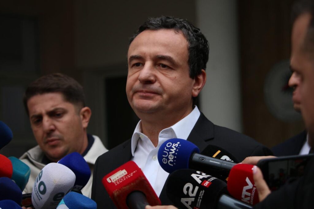 Kosovo Prime Minister Albin Kurti speaks to press after casting his vote at a polling station to elect mayors and municipal assembly members in Pristina, Kosovo on Oct. 12, 2025. (AA Photo)