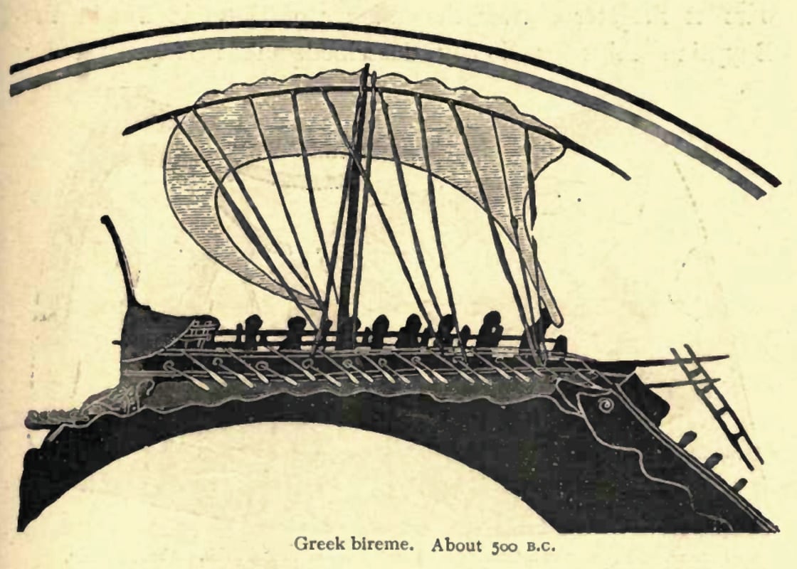 An ancient depiction of a Greek ship found at Vulci, Etruria, dating to c. 500 BC