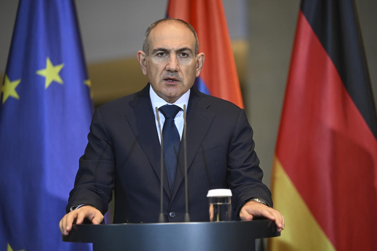 Armenian Prime Minister Nikol Pashinyan and German Chancellor Friedrich Merz (not seen) hold a joint press conference after their meeting in Berlin, Germany on Dec. 9, 2025. (AA Photo)