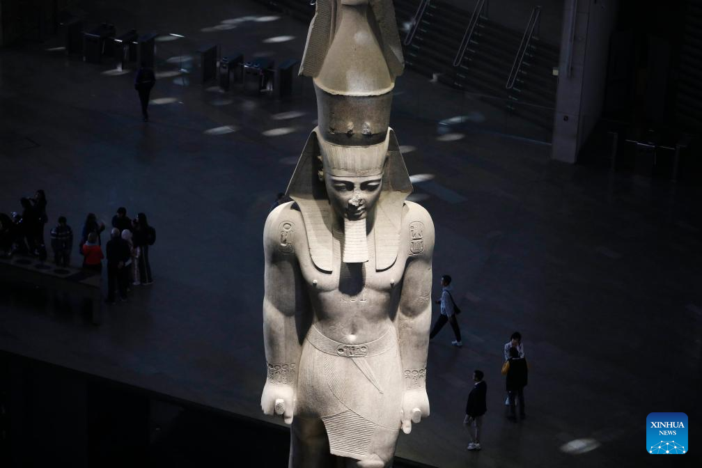 This photo taken on Dec. 23, 2025 shows the Colossal Statue of Ramesses II at the Grand Egyptian Museum in the Greater Cairo, Egypt. The Grand Egyptian Museum opened its doors to the public on Nov. 4, establishing itself as one of the world's largest displays of ancient relics, and a high-tech fort dedicated to heritage conservation. (Xinhua/Ahmed Gomaa)