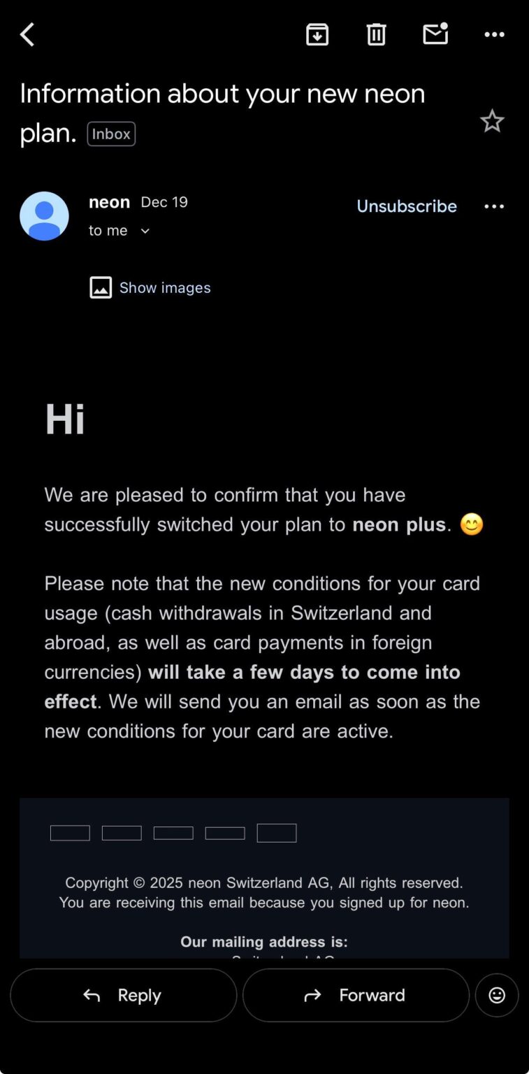 Changing plans on Neon takes a few days