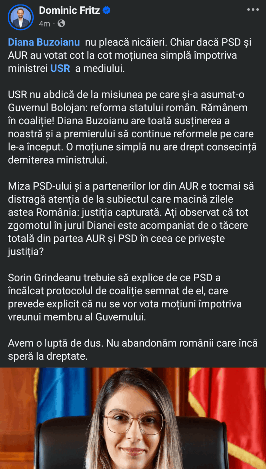 Fritz: Diana Buzoianu is not going anywhere! Sorin Grindeanu to explain why he voted with AUR