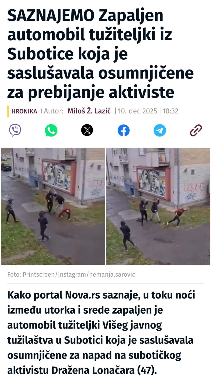 WE FIND OUT The car of a prosecutor from Subotica who was interrogating suspects for beating an activist was set on fire