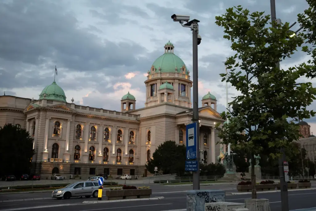 A surveillance camera is seen in front of the Serbian Parliament building in Belgrade, Serbia, August 12, 2020. REUTERS/Marko Djurica