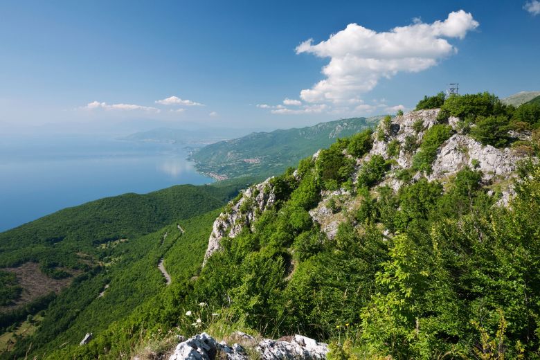 A view of Lake Ohrid with a watch tower in Galicica National Park. The spring-fed lake is a UNESCO World Heritage site.