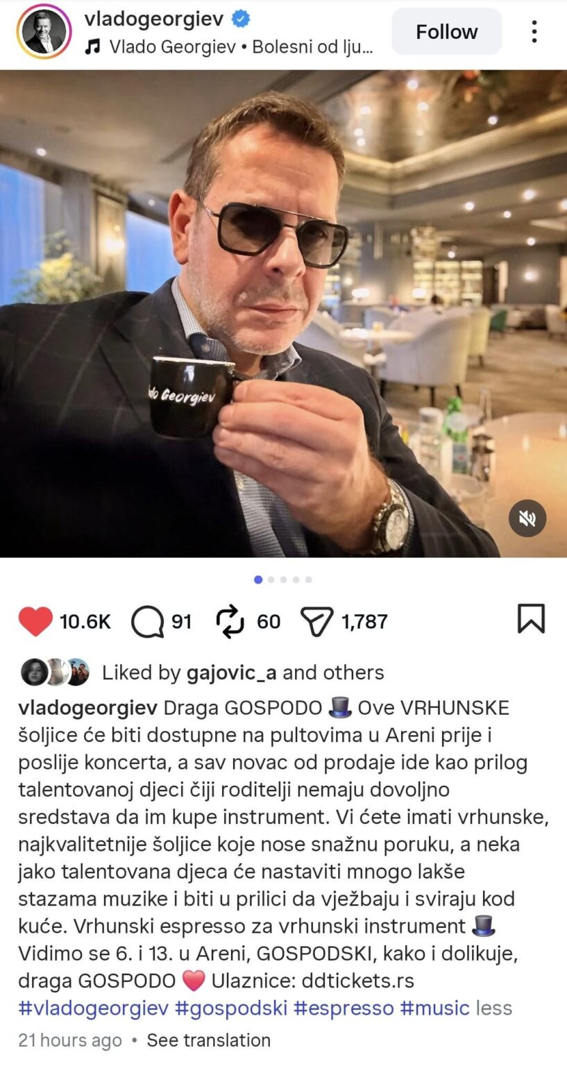 Vlado Georgijev sells cups for premium espresso, and all proceeds from the sale are donated to purchase instruments for talented children