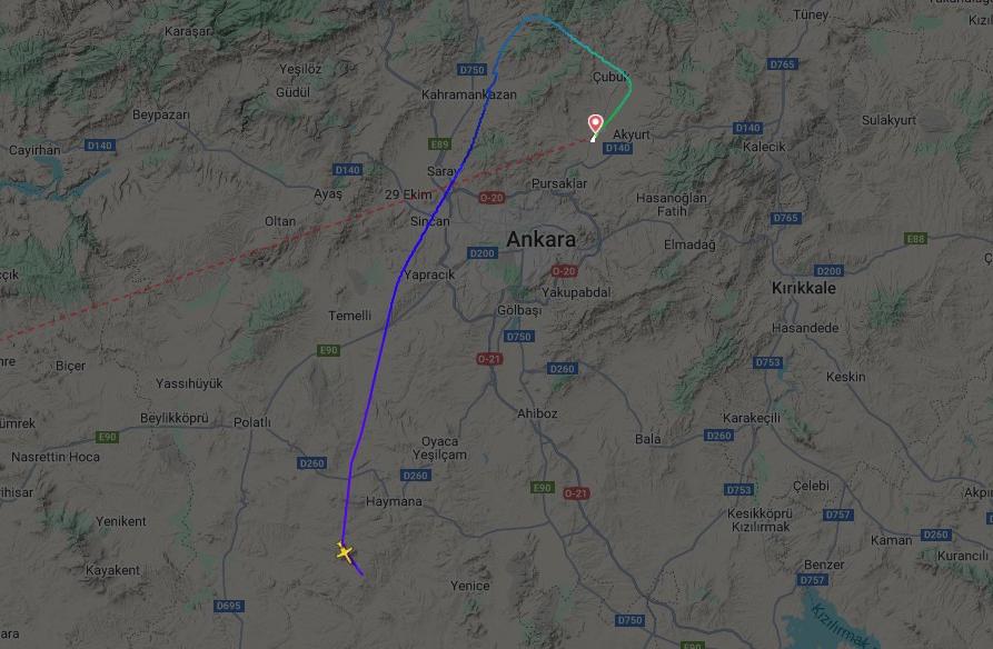 The final flight path of the Falcon flight, which crashed shortly after take-off from Ankara, Turkey.